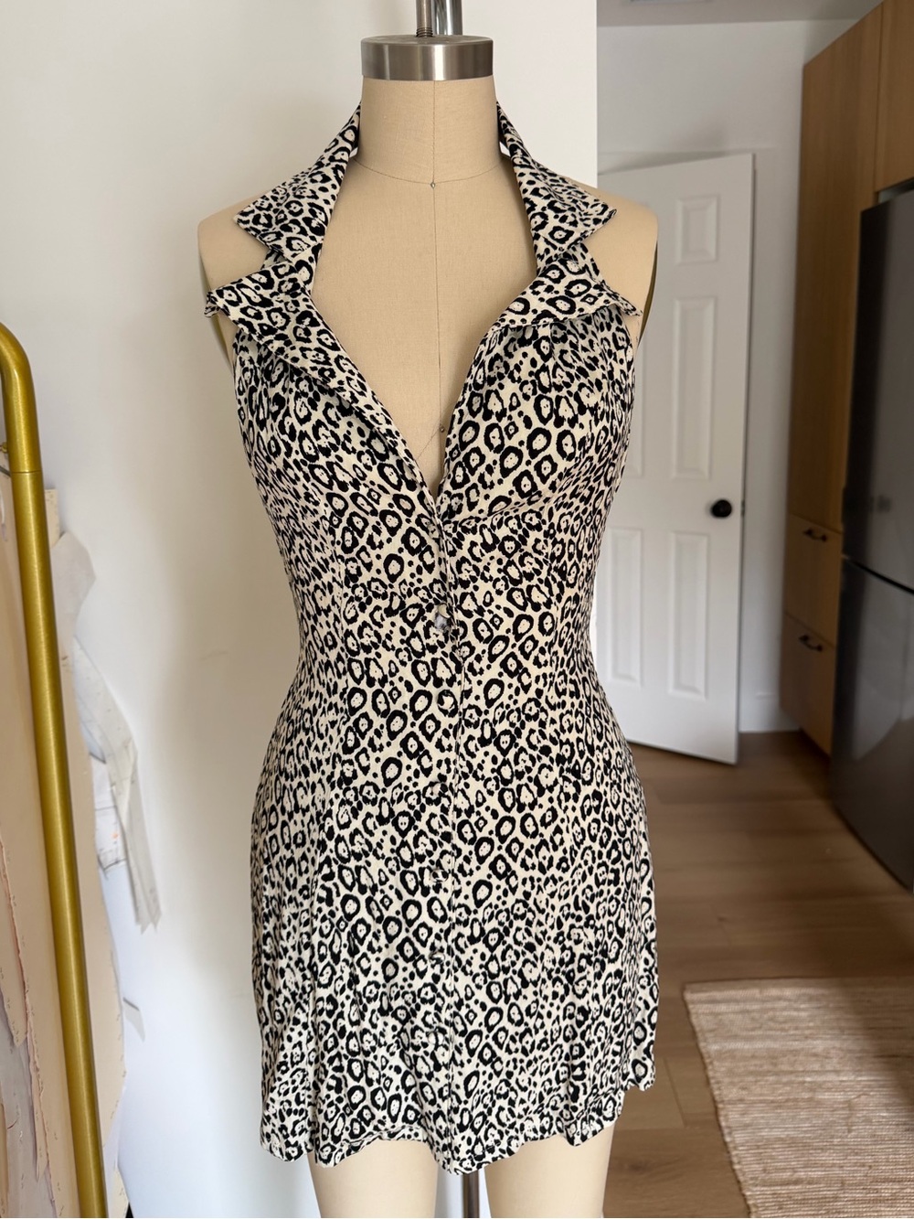 Vanessa Mooney Black and White Leopard Halter Mini Dress